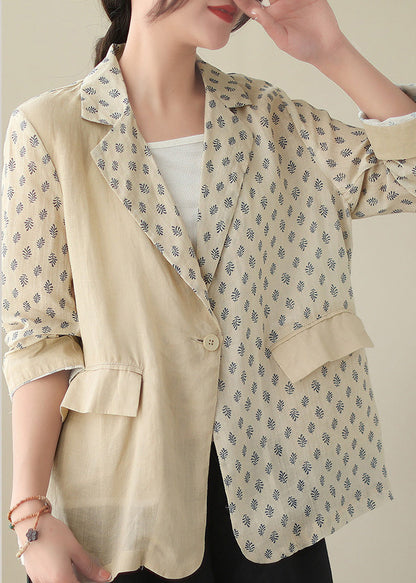 Bohemian Beige Peter Pan Collar Print Ramie Coats Long Sleeve LY5017 - fabuloryshop