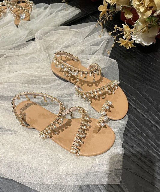 Bohemian Beige Tassel Pearl Sandals Soft Beach Sandals LY4320 - fabuloryshop