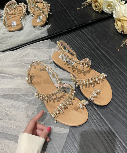 Bohemian Beige Tassel Pearl Sandals Soft Beach Sandals LY4320 - fabuloryshop