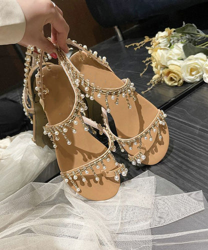 Bohemian Beige Tassel Pearl Sandals Soft Beach Sandals LY4320 - fabuloryshop