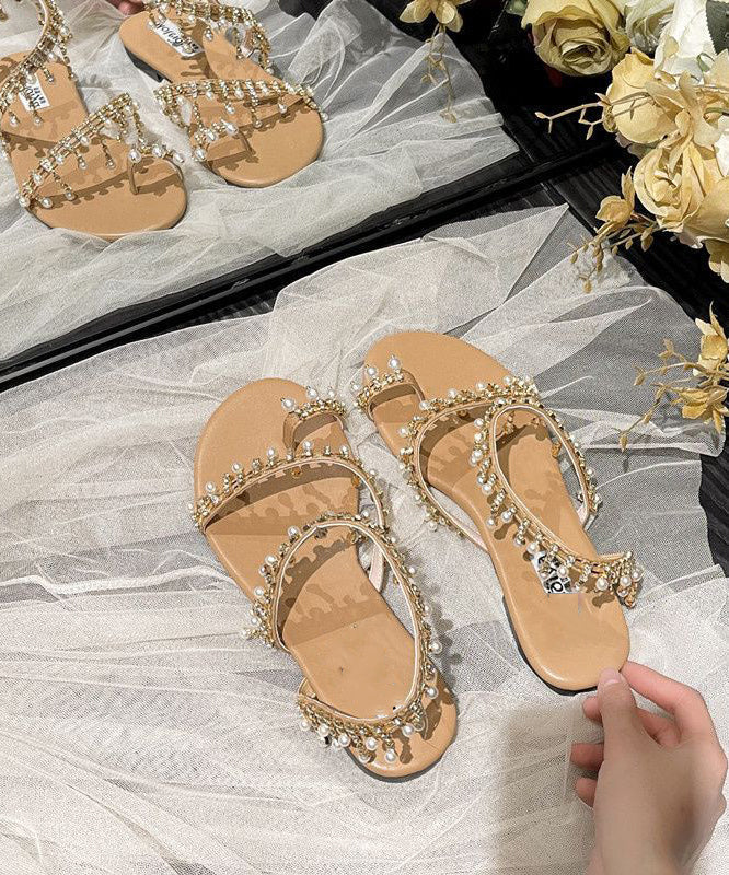 Bohemian Beige Tassel Pearl Sandals Soft Beach Sandals LY4320 - fabuloryshop