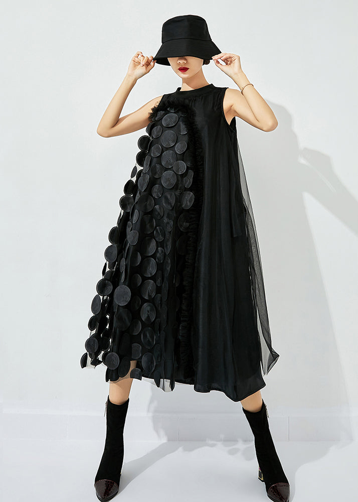 Bohemian Black Asymmetrical Patchwork Wrinkled Tulle Maxi Dress Sleeveless LY0832 - fabuloryshop