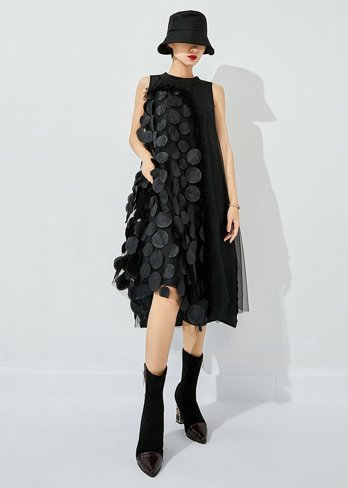 Bohemian Yellow-Black Dot Asymmetrical Patchwork Wrinkled Tulle Maxi Dress Sleeveless LY0866 - fabuloryshop