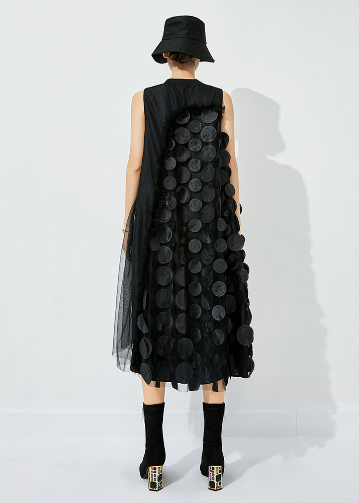 Bohemian Black Asymmetrical Patchwork Wrinkled Tulle Maxi Dress Sleeveless LY0832