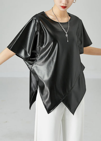 Bohemian Black Asymmetrical Patchwork Leather Tanks Short Sleeve LY2476 - fabuloryshop