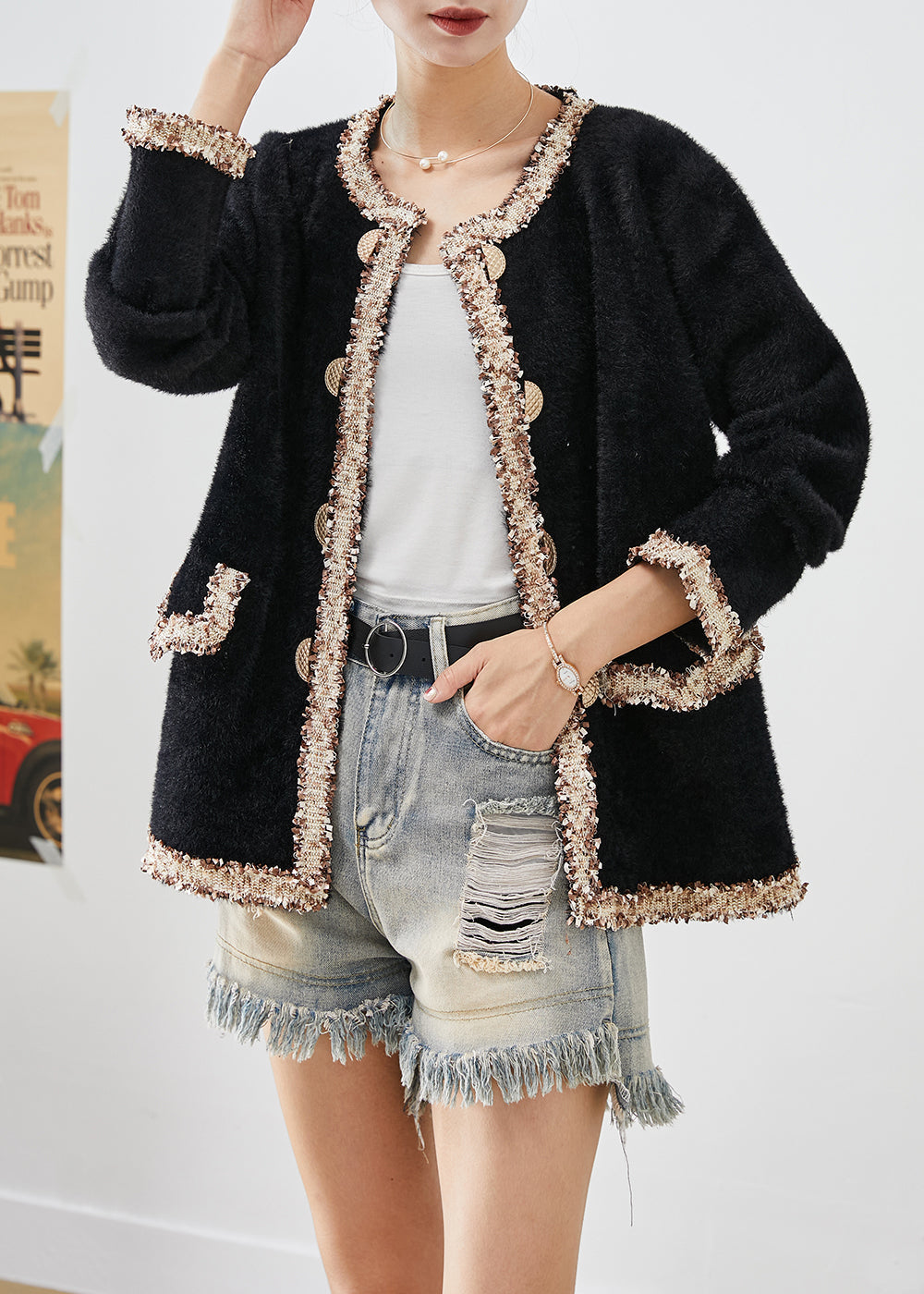 Bohemian Black Double Breast Patchwork Mink Velvet Coats Fall Ada Fashion