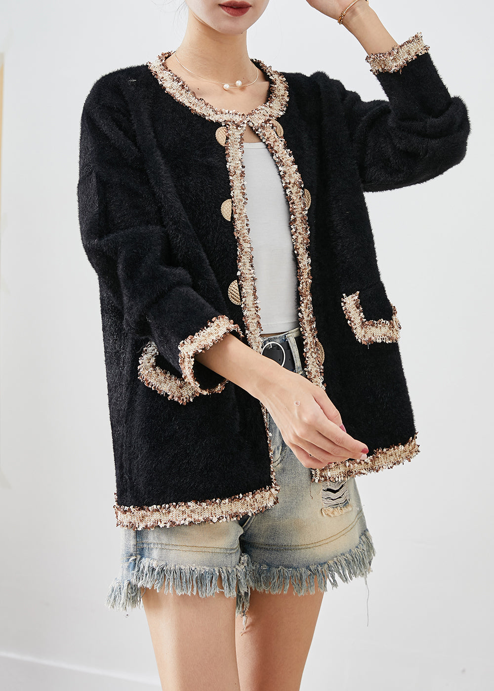 Bohemian Black Double Breast Patchwork Mink Velvet Coats Fall Ada Fashion