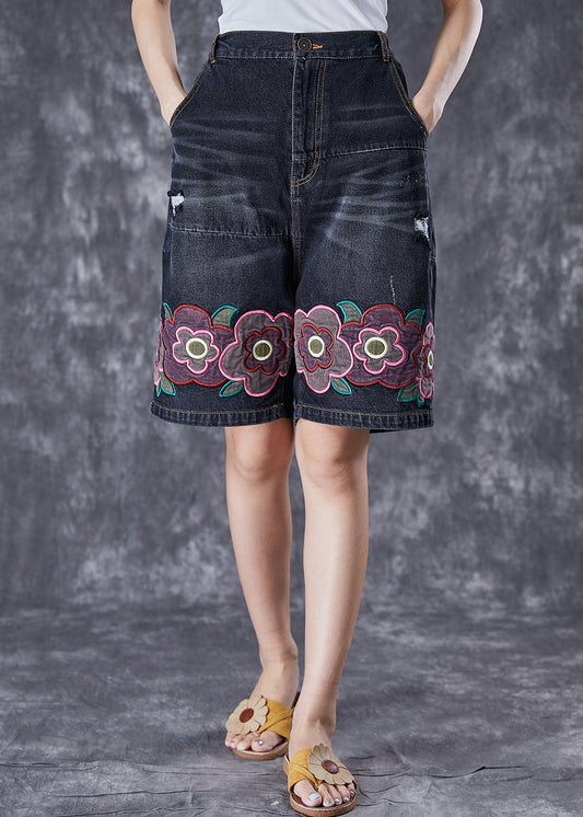 Bohemian Black Elastic Waist Embroideried Floral Denim Shorts Summer Ada Fashion