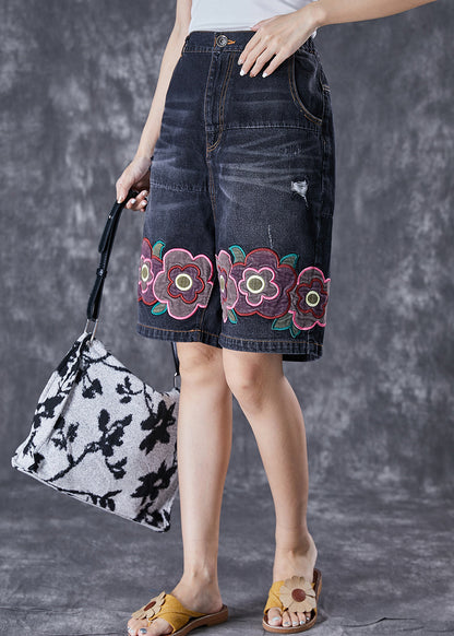 Bohemian Black Elastic Waist Embroideried Floral Denim Shorts Summer Ada Fashion