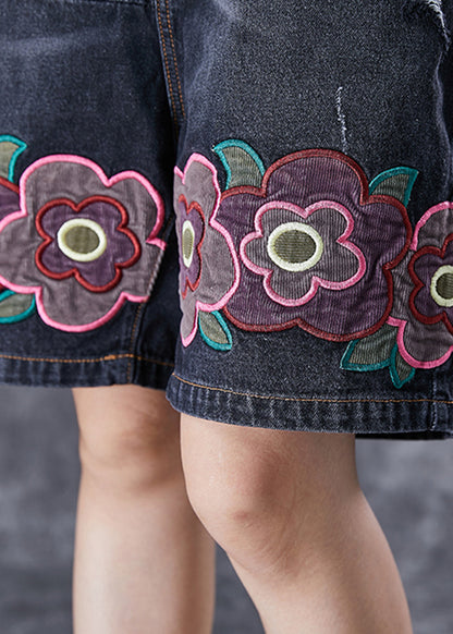 Bohemian Black Elastic Waist Embroideried Floral Denim Shorts Summer Ada Fashion