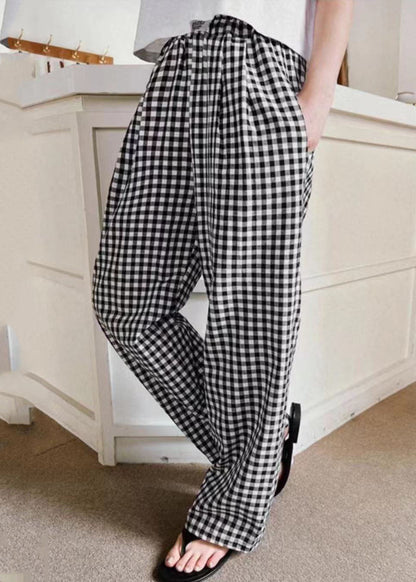 Bohemian Black Elastic Waist Plaid Linen Wide Leg Pants Spring LY1364 - fabuloryshop