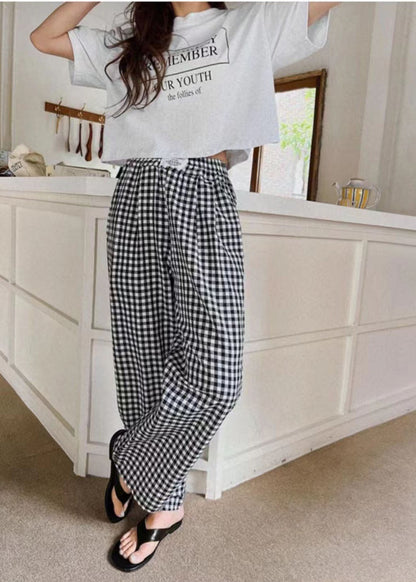 Bohemian Black Elastic Waist Plaid Linen Wide Leg Pants Spring LY1364 - fabuloryshop