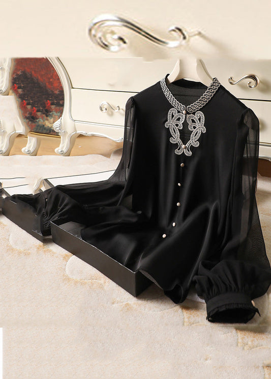 Bohemian Black Embroideried Button Silk Shirts Long Sleeve Ada Fashion