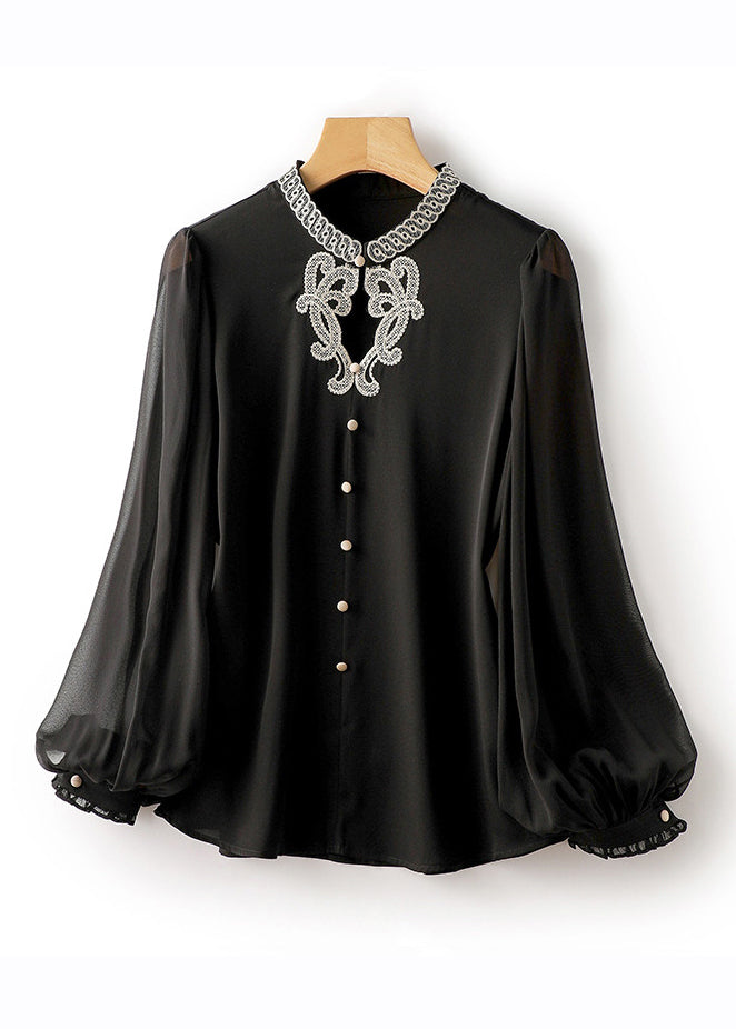 Bohemian Black Embroideried Button Silk Shirts Long Sleeve Ada Fashion