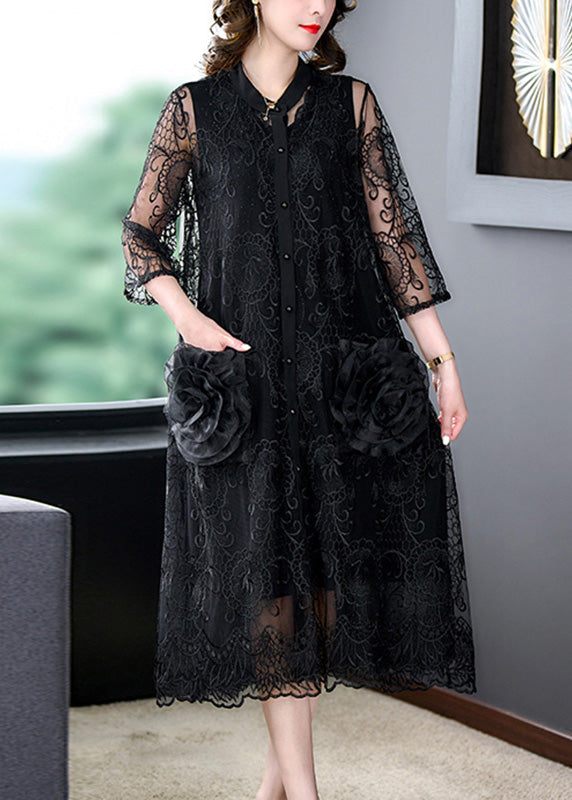 Bohemian Black Embroideried Floral Tulle Long Coats Half Sleeve Ada Fashion