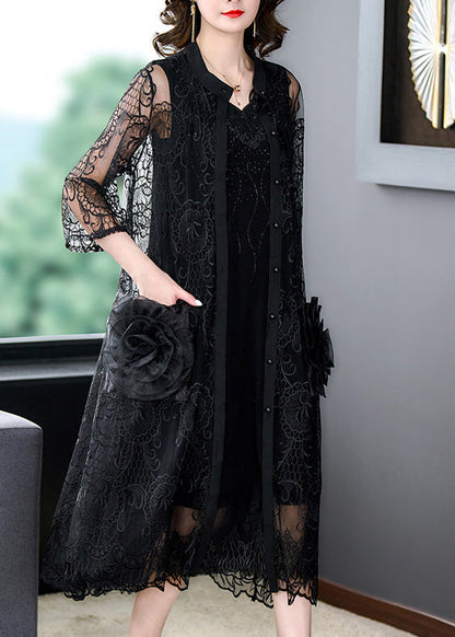 Bohemian Black Embroideried Floral Tulle Long Coats Half Sleeve Ada Fashion