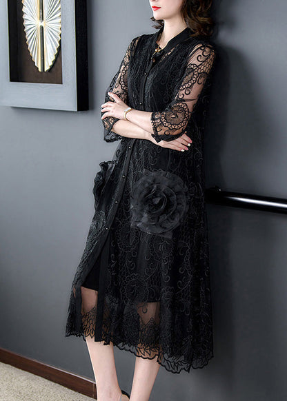 Bohemian Black Embroideried Floral Tulle Long Coats Half Sleeve Ada Fashion