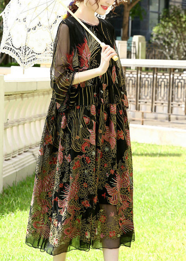 Bohemian Black Embroideried Lace Up Silk A Line Dresses Summer LY0684 - fabuloryshop