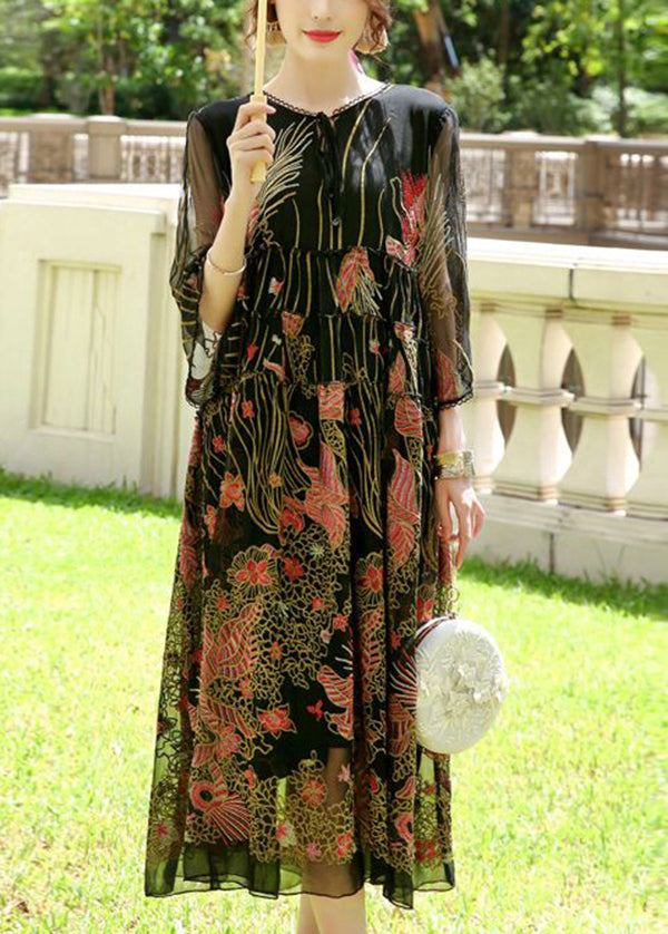 Bohemian Black Embroideried Lace Up Silk A Line Dresses AC3057