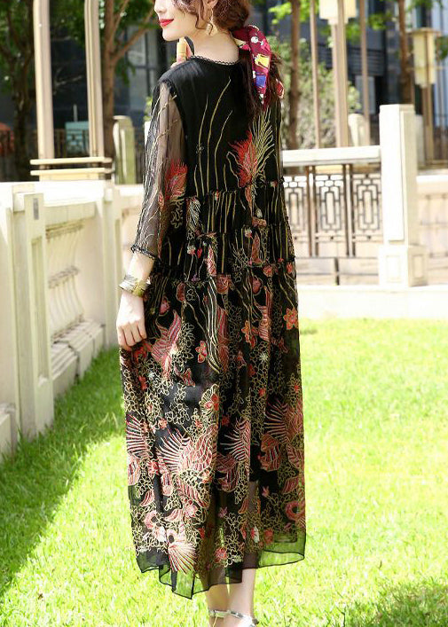 Bohemian Black Embroideried Lace Up Silk A Line Dresses Summer LY0684 - fabuloryshop