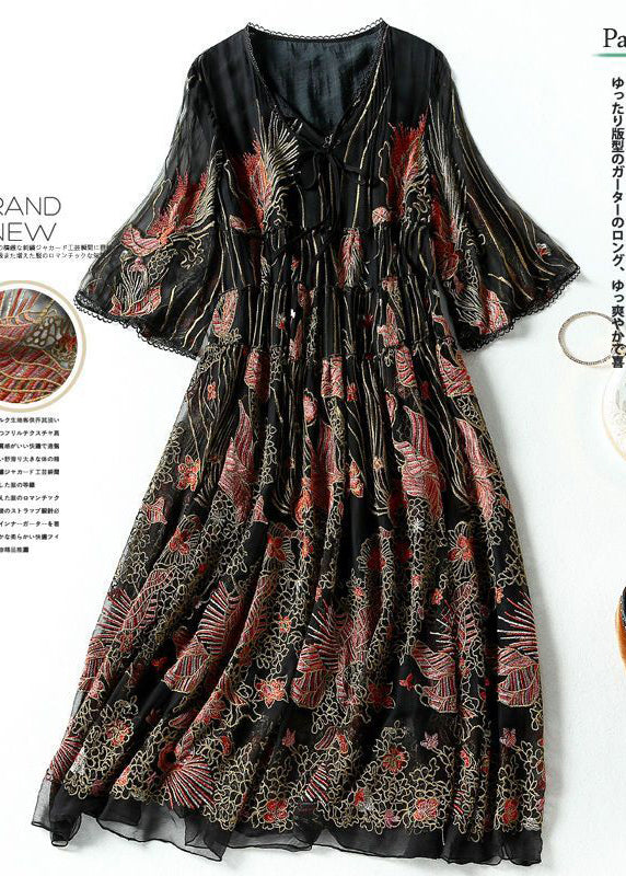 Bohemian Black Embroideried Lace Up Silk A Line Dresses Summer LY0684