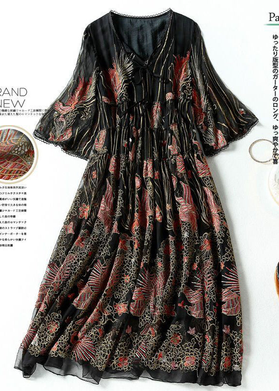 Bohemian Black Embroideried Lace Up Silk A Line Dresses Summer LY0684 - fabuloryshop