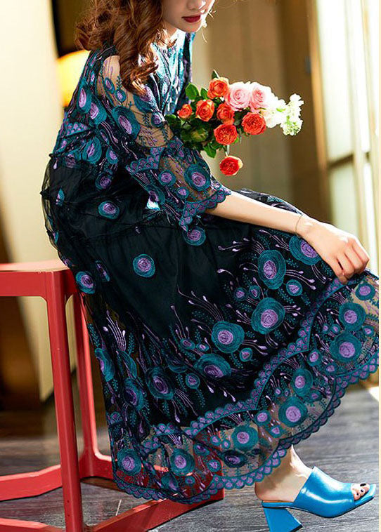 Bohemian Black Embroideried Patchwork Long Chiffon Dress Summer LY3825 - fabuloryshop