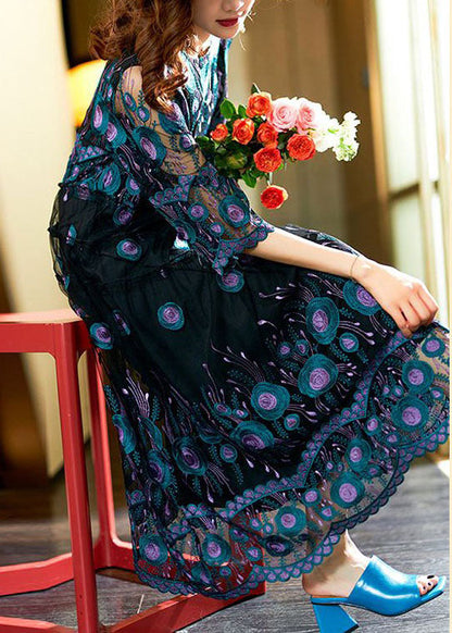 Bohemian Black Embroideried Patchwork Long Chiffon Dress Summer LY3825 - fabuloryshop