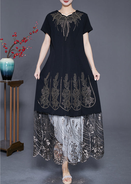 Bohemian Black Embroideried Tulle Patchwork Zircon Cotton Dress Summer Ada Fashion