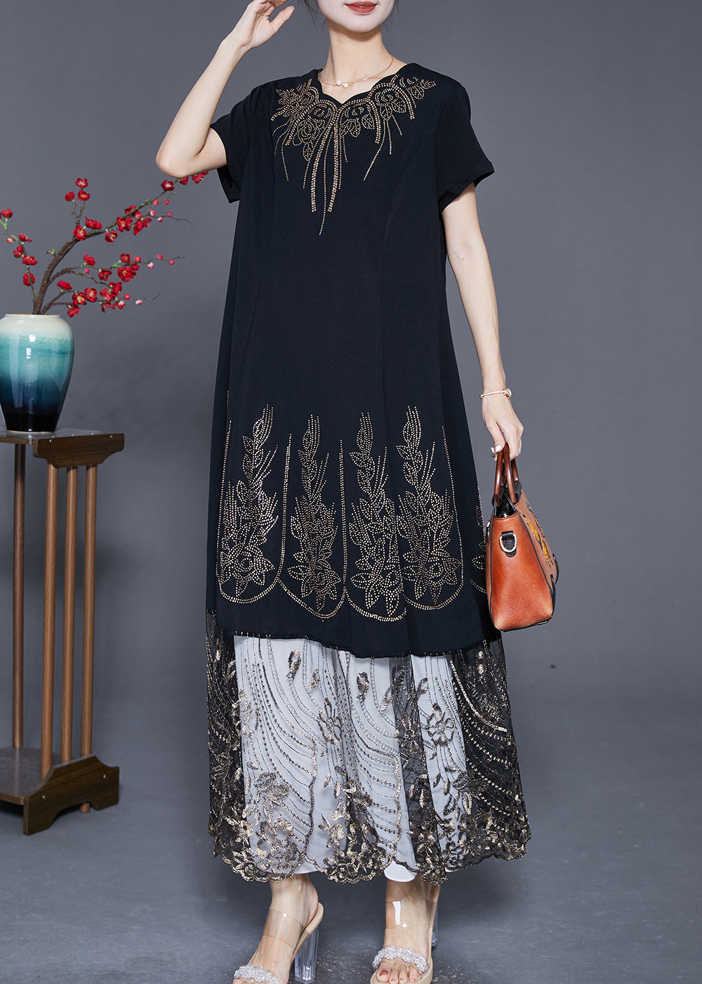 Bohemian Black Embroideried Tulle Patchwork Zircon Cotton Dress Summer Ada Fashion