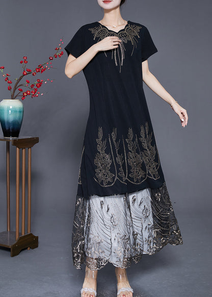 Bohemian Black Embroideried Tulle Patchwork Zircon Cotton Dress Summer Ada Fashion