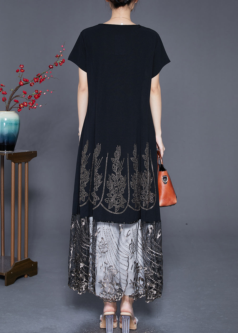 Bohemian Black Embroideried Tulle Patchwork Zircon Cotton Dress Summer Ada Fashion