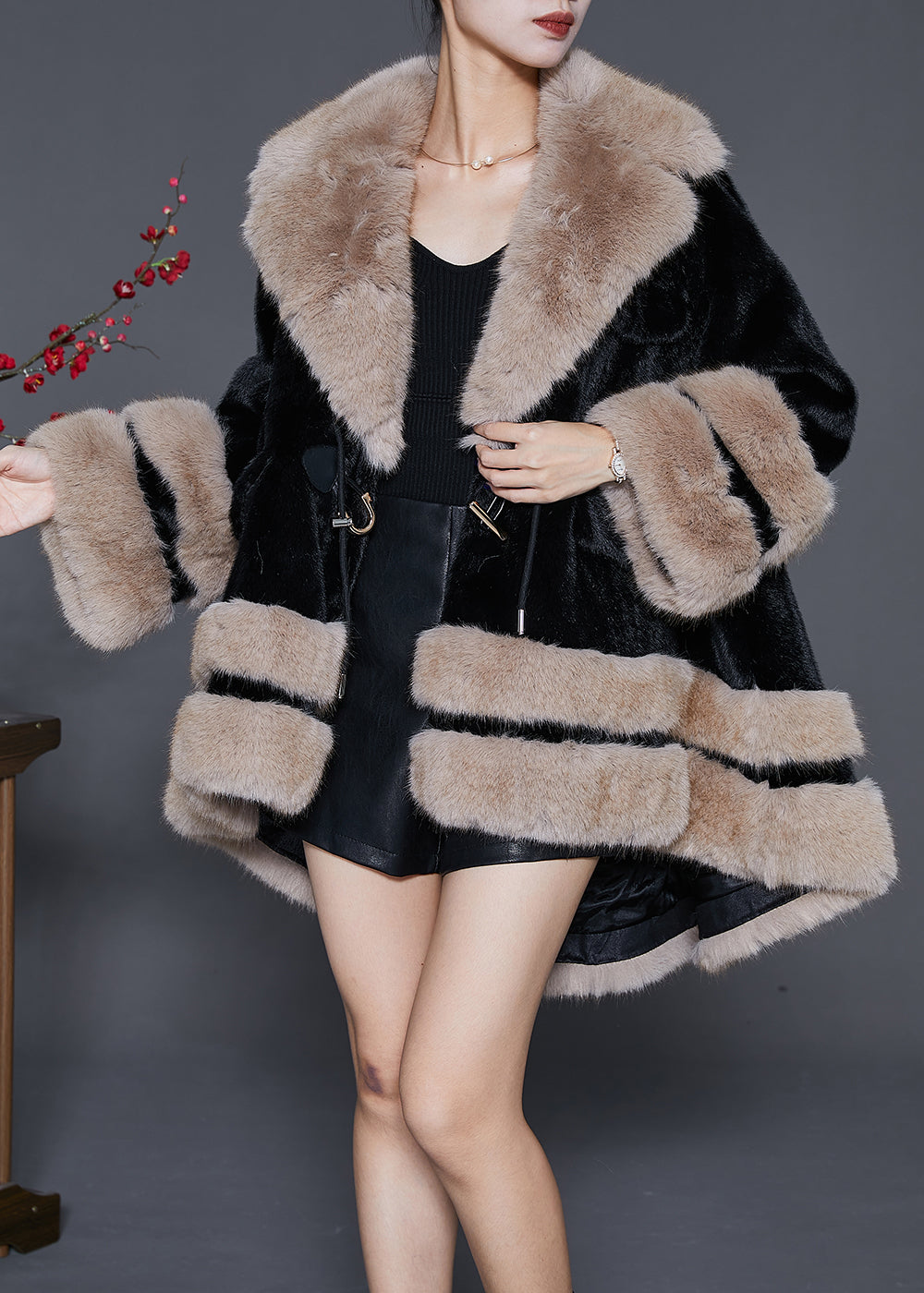 Bohemian Black Fur Collar Oversized Fuzzy Fur Fluffy Coat Winter Ada Fashion