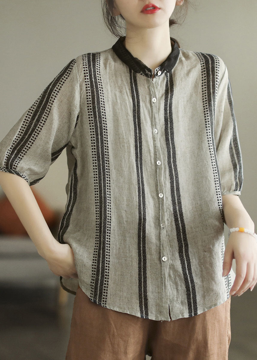 Bohemian Black Grey Peter Pan Collar Print Patchwork Linen Shirt Top Summer LY6160 - fabuloryshop