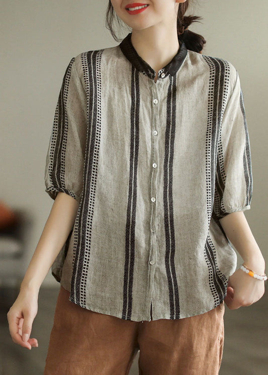 Bohemian Black Grey Peter Pan Collar Print Patchwork Linen Shirt Top Summer LY6160 - fabuloryshop