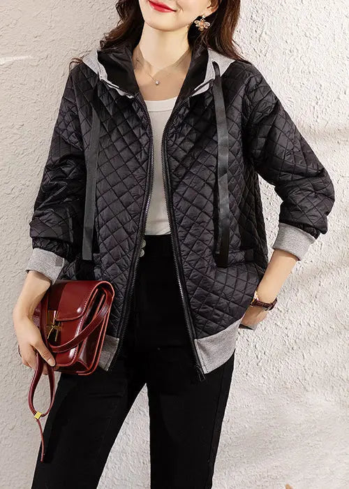 Bohemian Black Hooded Zippered Patchwork Cotton Coat Winter Ada Fashion