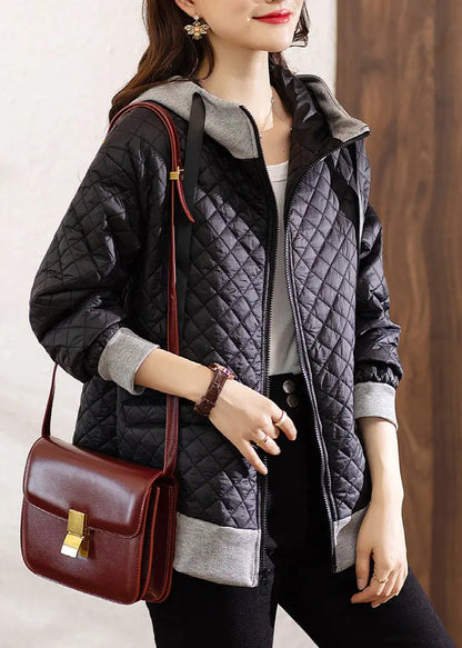 Bohemian Black Hooded Zippered Patchwork Cotton Coat Winter Ada Fashion