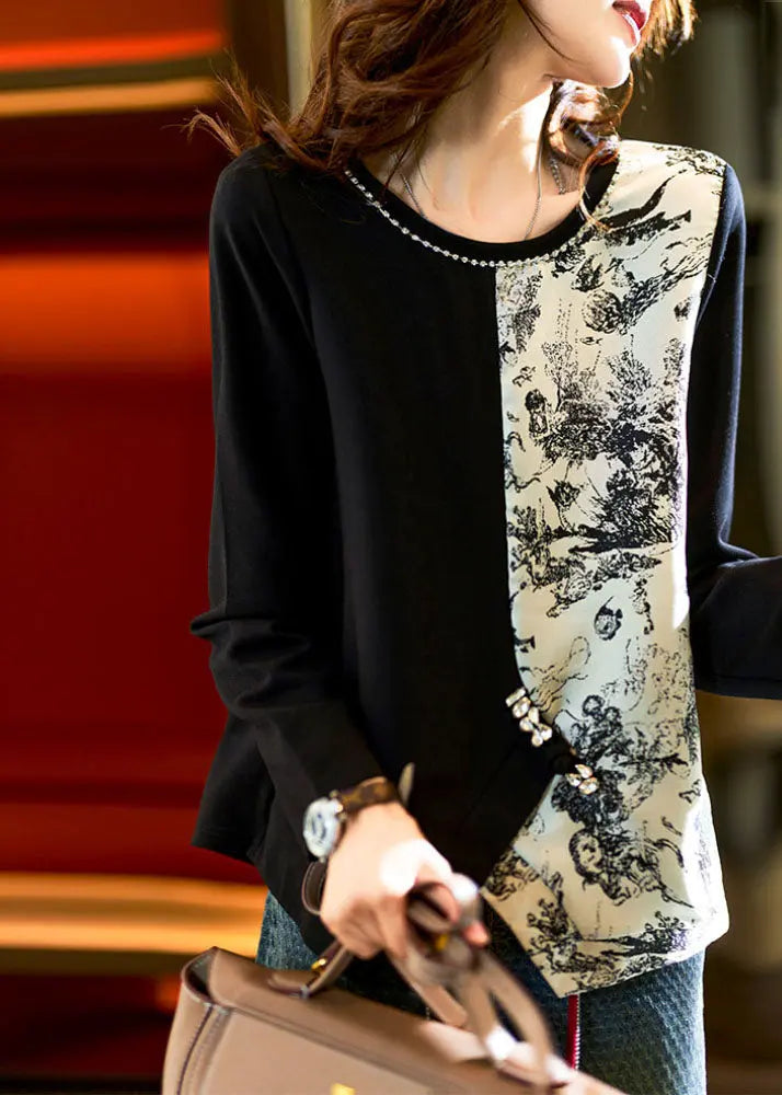 Bohemian Black O-Neck Asymmetrical Print Patchwork Tops Fall Ada Fashion