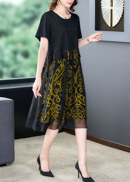 Bohemian Black O Neck Print Wrinkled Patchwork Silk Dresses Summer LY5961 Ada Fashion