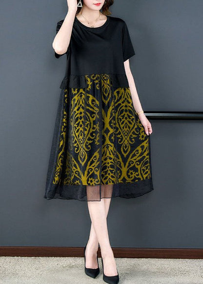 Bohemian Black O Neck Print Wrinkled Patchwork Silk Dresses Summer LY5961 Ada Fashion