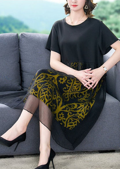 Bohemian Black O Neck Print Wrinkled Patchwork Silk Dresses Summer LY5961 Ada Fashion