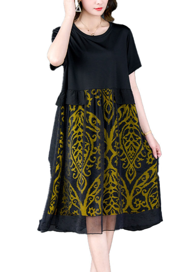Bohemian Black O Neck Print Wrinkled Patchwork Silk Dresses Summer LY5961 Ada Fashion