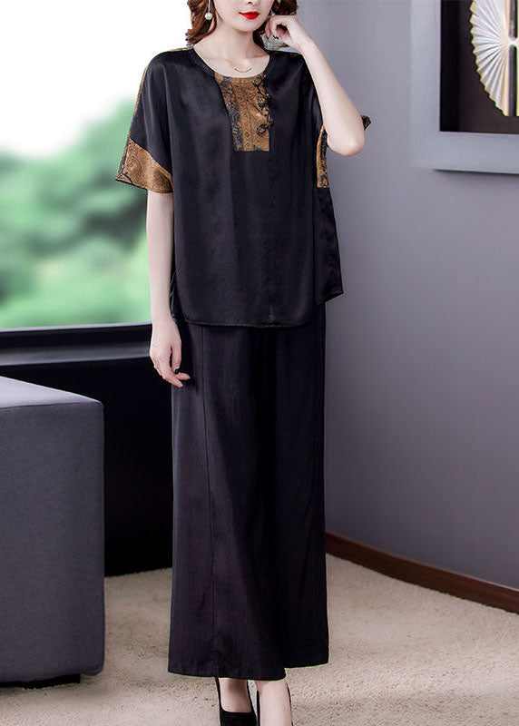 Bohemian Black O-Neck Tops And Pants Silk Two Pieces Set Summer LY4666 - fabuloryshop