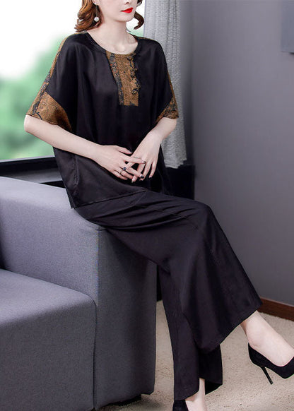 Bohemian Black O-Neck Tops And Pants Silk Two Pieces Set Summer LY4666 - fabuloryshop