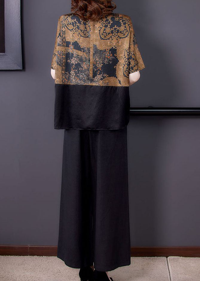 Bohemian Black O-Neck Tops And Pants Silk Two Pieces Set Summer LY4666 - fabuloryshop