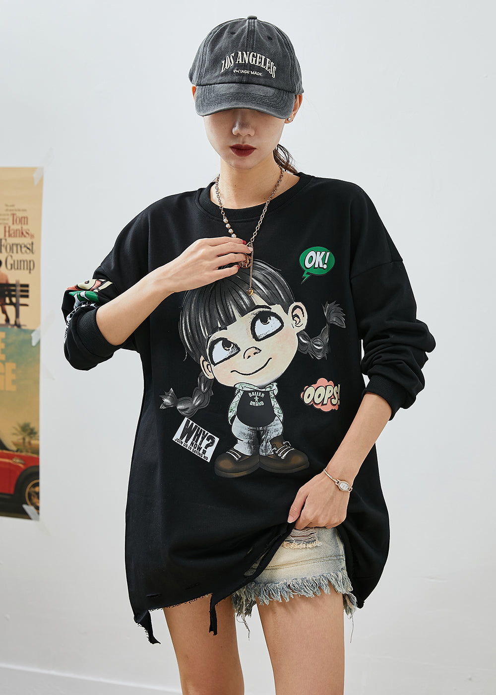 Bohemian Black Oversized Cartoon Print Cotton Ripped Sweatshirts Top Fall Ada Fashion