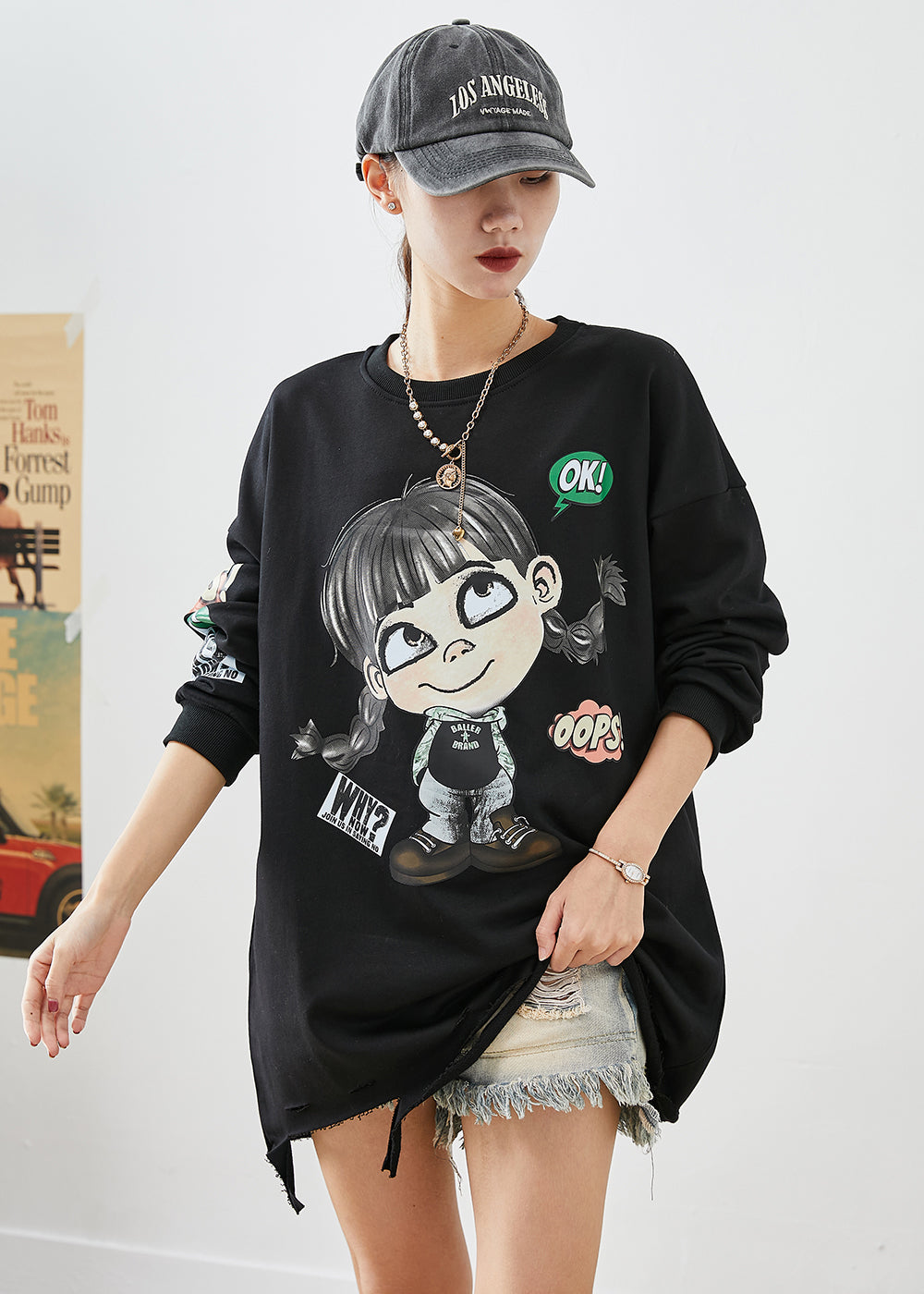 Bohemian Black Oversized Cartoon Print Cotton Ripped Sweatshirts Top Fall Ada Fashion