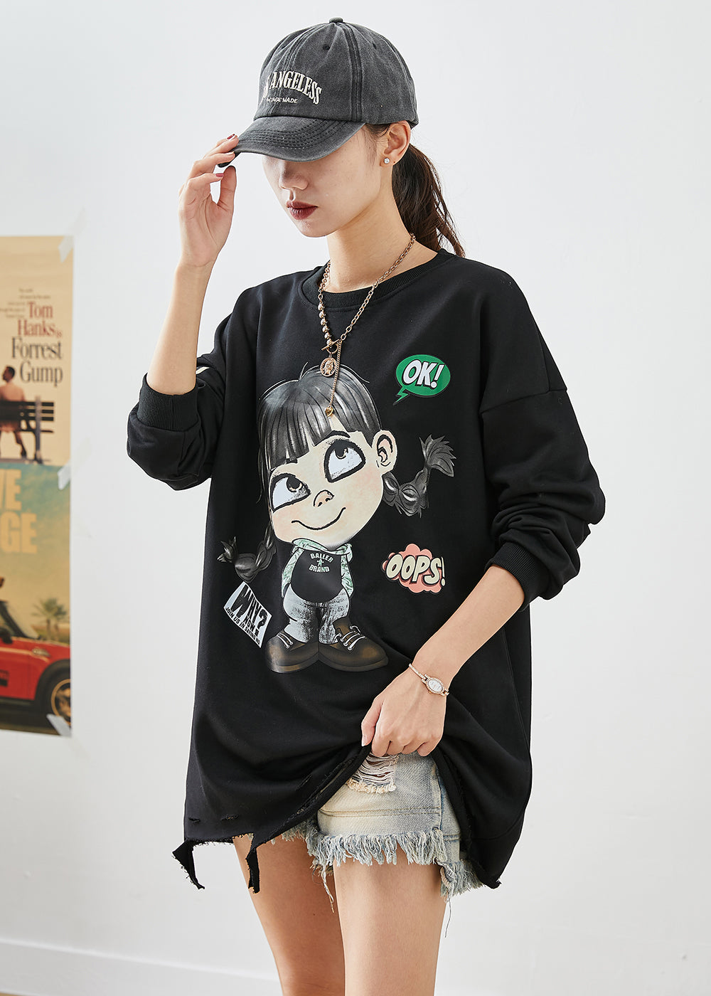 Bohemian Black Oversized Cartoon Print Cotton Ripped Sweatshirts Top Fall Ada Fashion