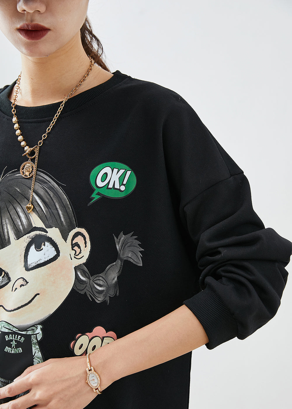 Bohemian Black Oversized Cartoon Print Cotton Ripped Sweatshirts Top Fall Ada Fashion