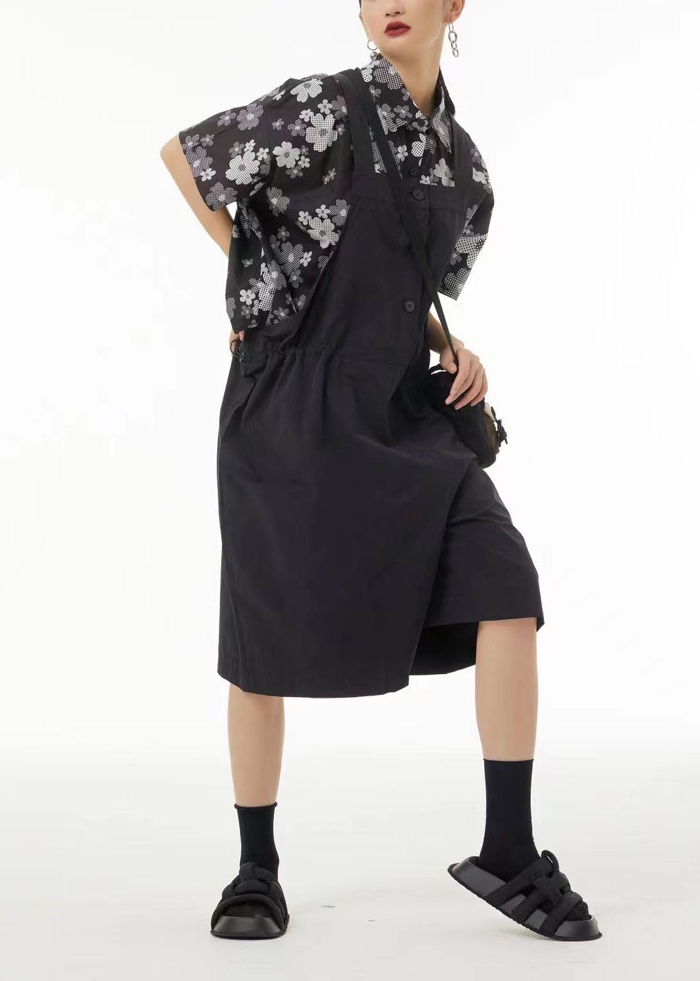Bohemian Black Oversized Drawstring Cotton Overalls Jumpsuit Jumpsuits Summer TS1036
